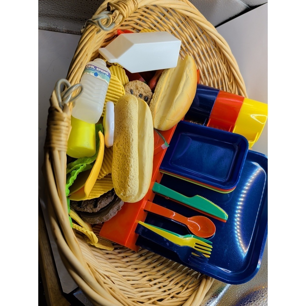 Children's wicker straw picnic basket plate(4) cups(3) & Everything You See Here